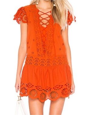 Free People Orange Eyelet Lace-Up Mini Dress Cotton Size S